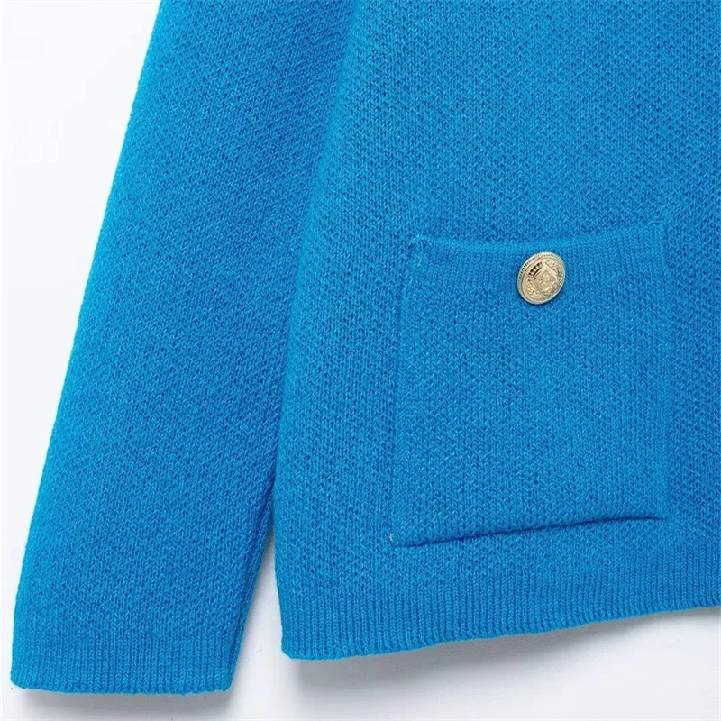 EDSA Women Blue Knitted Cardigan for Autumn Round Neck Double Pockets Single Breasted Long Sleeves Sweater with Golden Buttons