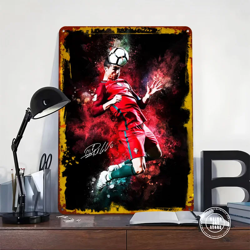 Cristiano Ronaldo Soccer Player Portrait Printing Poster Customized Retro Wall Art Vintage Metal Signs for Fans Gamer Decoration