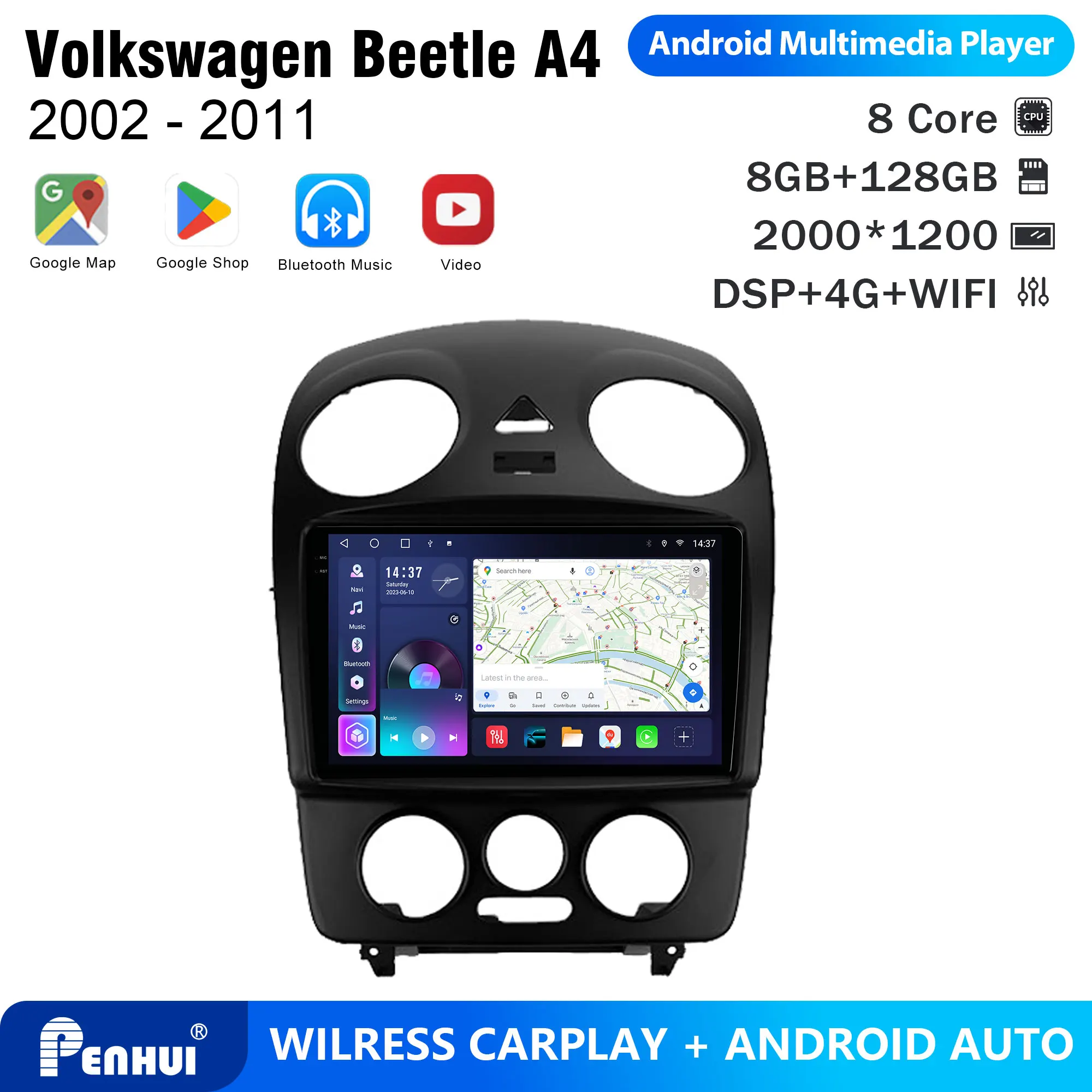 Penhui Android Car DVD Player 2 Din for Volkswagen Beetle A4 2002 - 2011 Multimedia Screen with DSP, Bluetooth, Audio & CarPlay