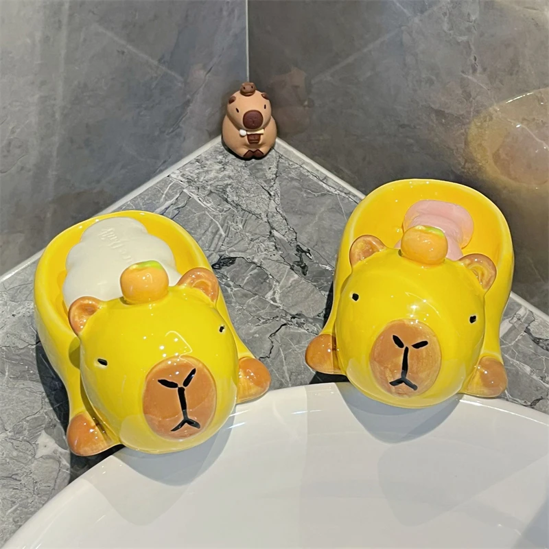 Kapibala Soap Box Rack Bathroom Household Ceramic Cute Water-Free Cartoon Soap Dish Yellow Bathroom Storage Box