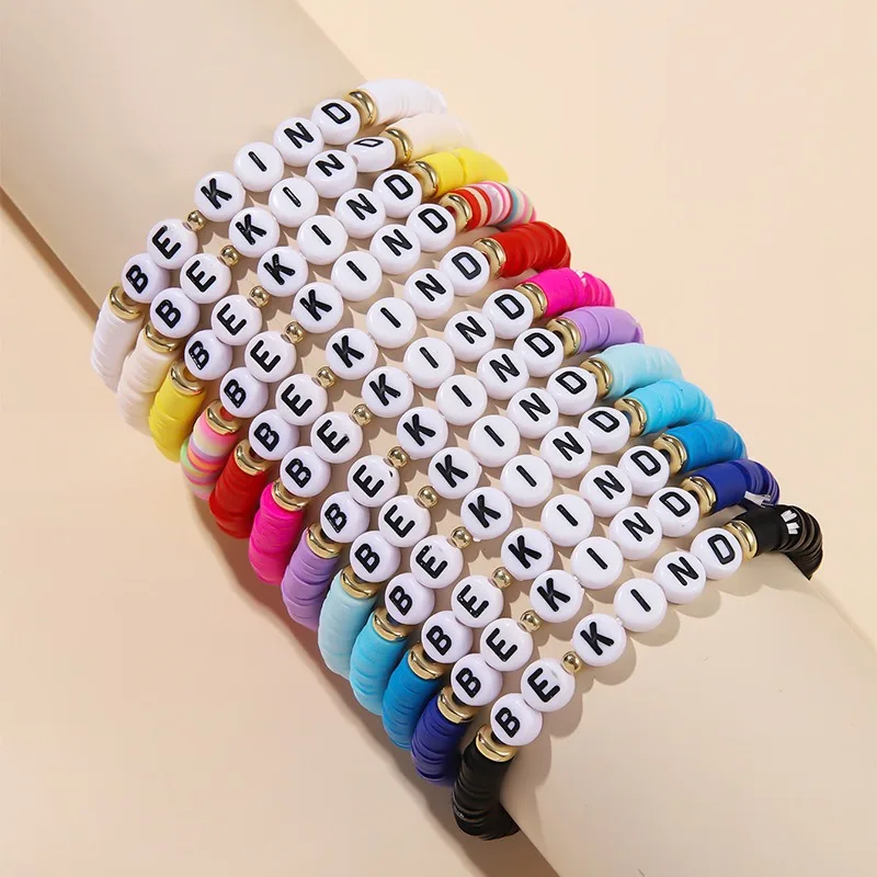 Handmade  12pcs Colorful Polymer Clay Beads Bracelet Trendy Customized Letter Be Kind Bracelet Boho Inspired Friendship Bracelet