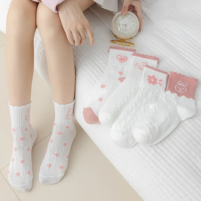 

5 Pairs Female Socks Four Season Kawaii Middle Tube Heart Flower Pink Girls' Socks Students Harajuku Sock Summer Sports Style