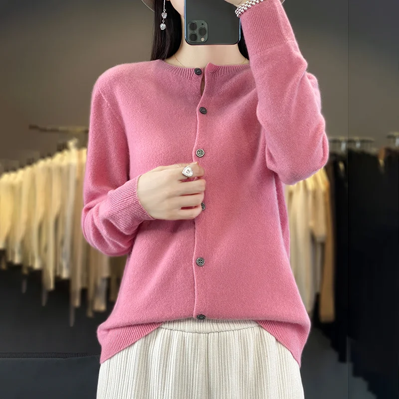 Pure Wool Knitted Cardigan Women\'s Sweater Round Neck Loose Jacket Autumn Winter New Long Sleeved Simple Versatile Casual Top