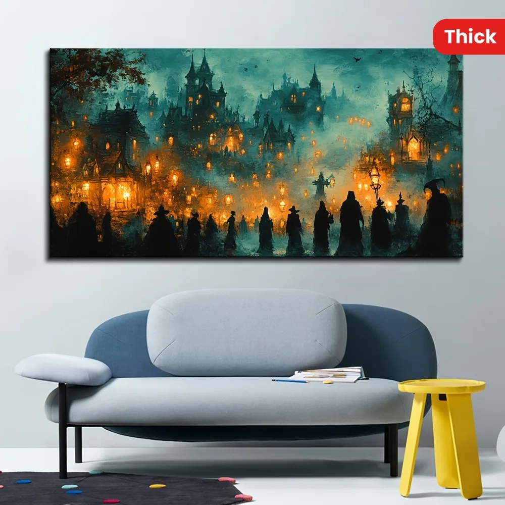 1.5 inch thick pine solid wood frame, ghost town mural, ghost town dim yellow light in the fog, living room bedroom decoration