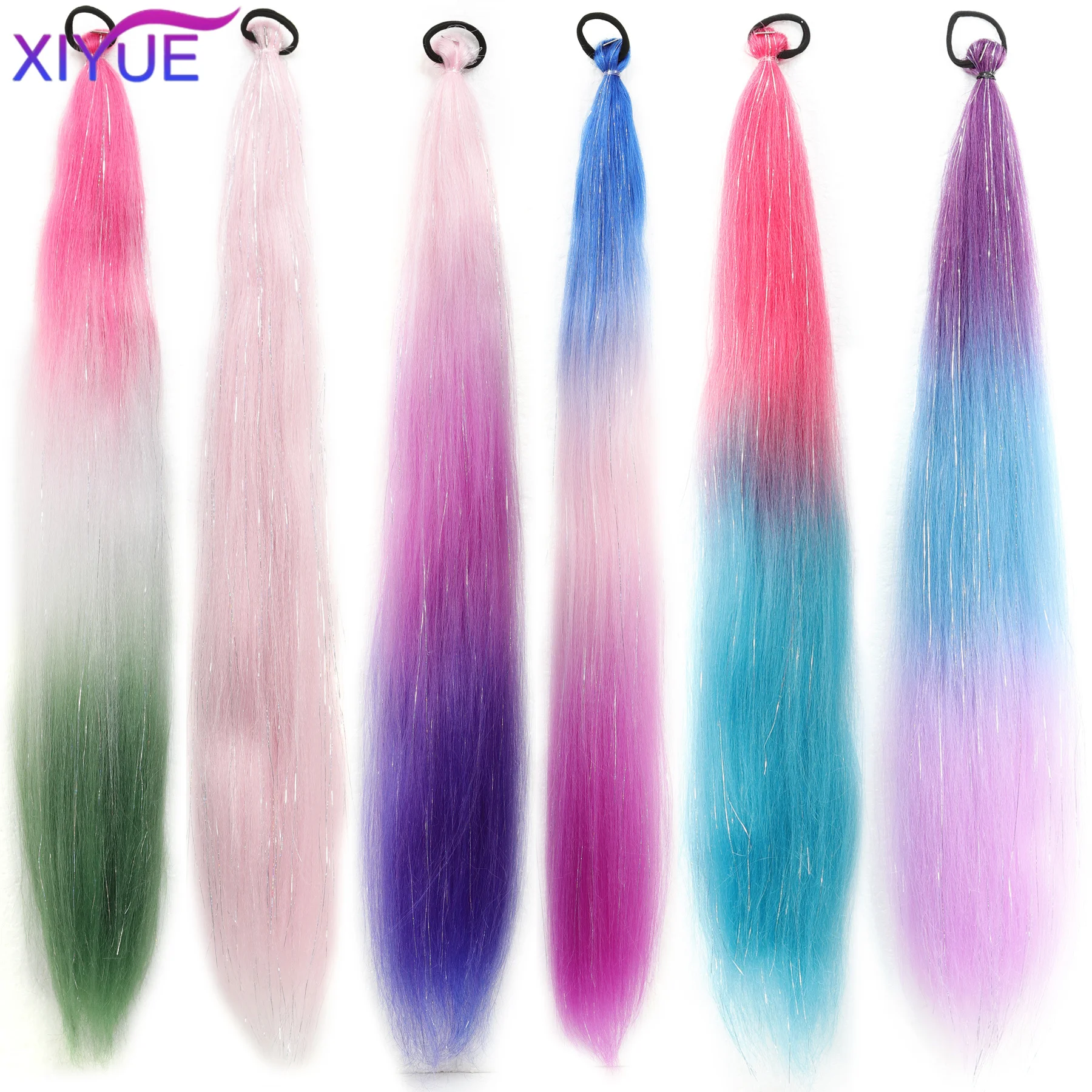 Extensão de rabo de cavalo colorido sintético, longo, reto, faça você mesmo, trançado, rabo de cavalo, peruca com faixa de borracha, acessórios para cabelo feminino