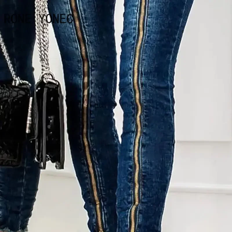 Women Solid Fashion Chic Zipper Decoration  Skinny Jeans Ankle Length Denim Pants