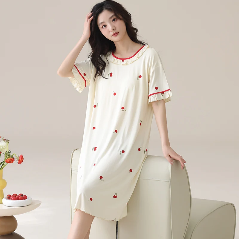 

Women Modal Nightdress Small Flower Sleep Dress Short Sleeve Sleepshirt Ruffles Nightshirt Nightgown Sleepwear 4XL5XL Home Dress