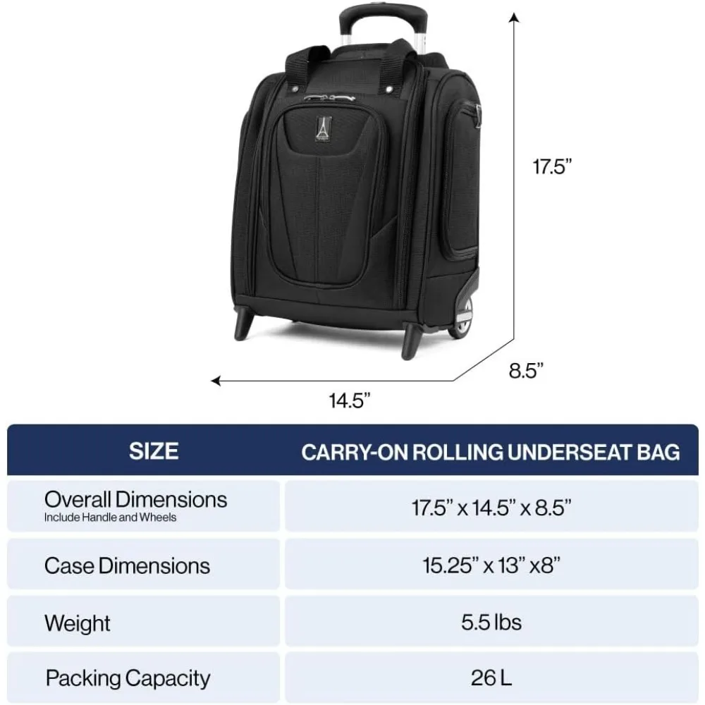 Lightweight Compact Rolling Underseat Carry-On Upright 2 Wheel Bag for Men and Women, Black, Softside Luggage