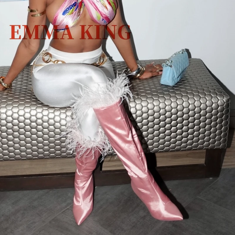 

Pink Satin Feather Knee High Boots Sexy Pointed Toe Stiletto Catwalk Fashion Boots 2025 New Fashion Side Zipper Shoes Size 35-44