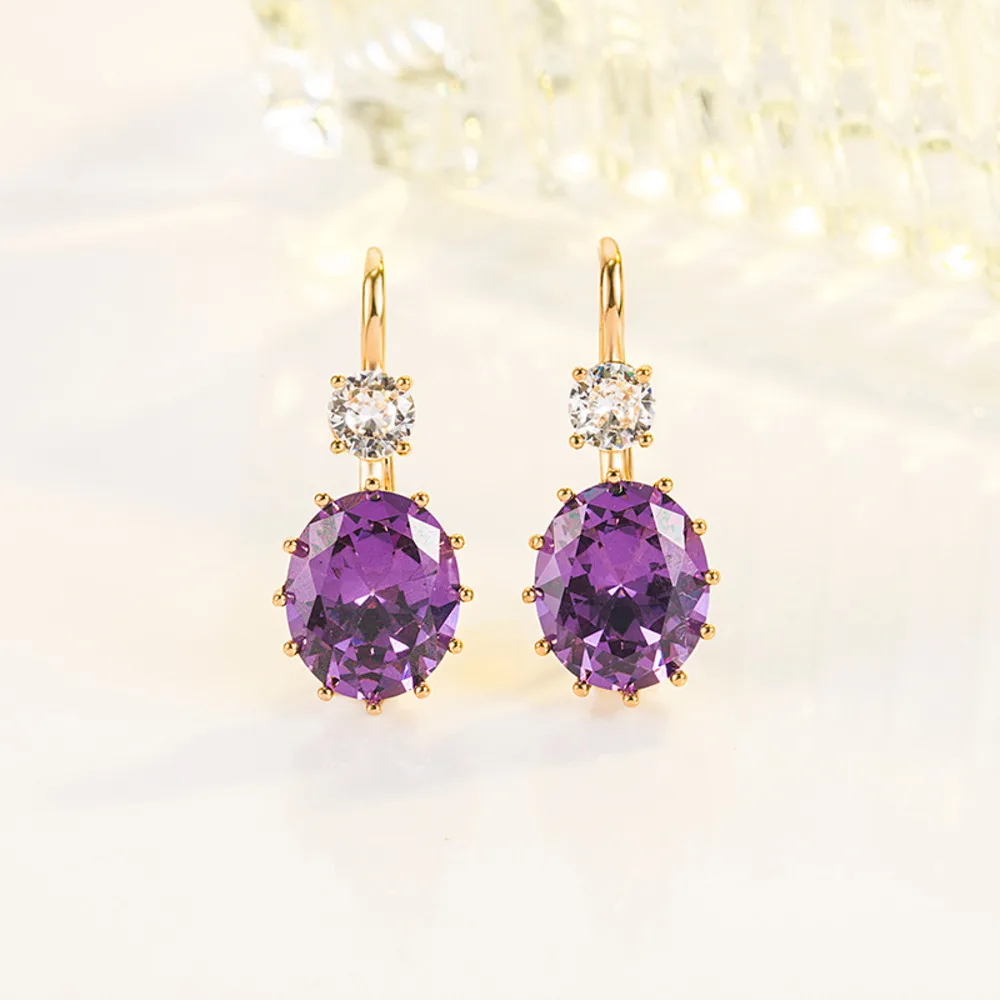 WOSIKATE Korean Oval Amethyst Purple Zircons 925 Sterling Silver 18K Gold Plated Earrings For Women 925 Jewelry Simple Ear Hooks