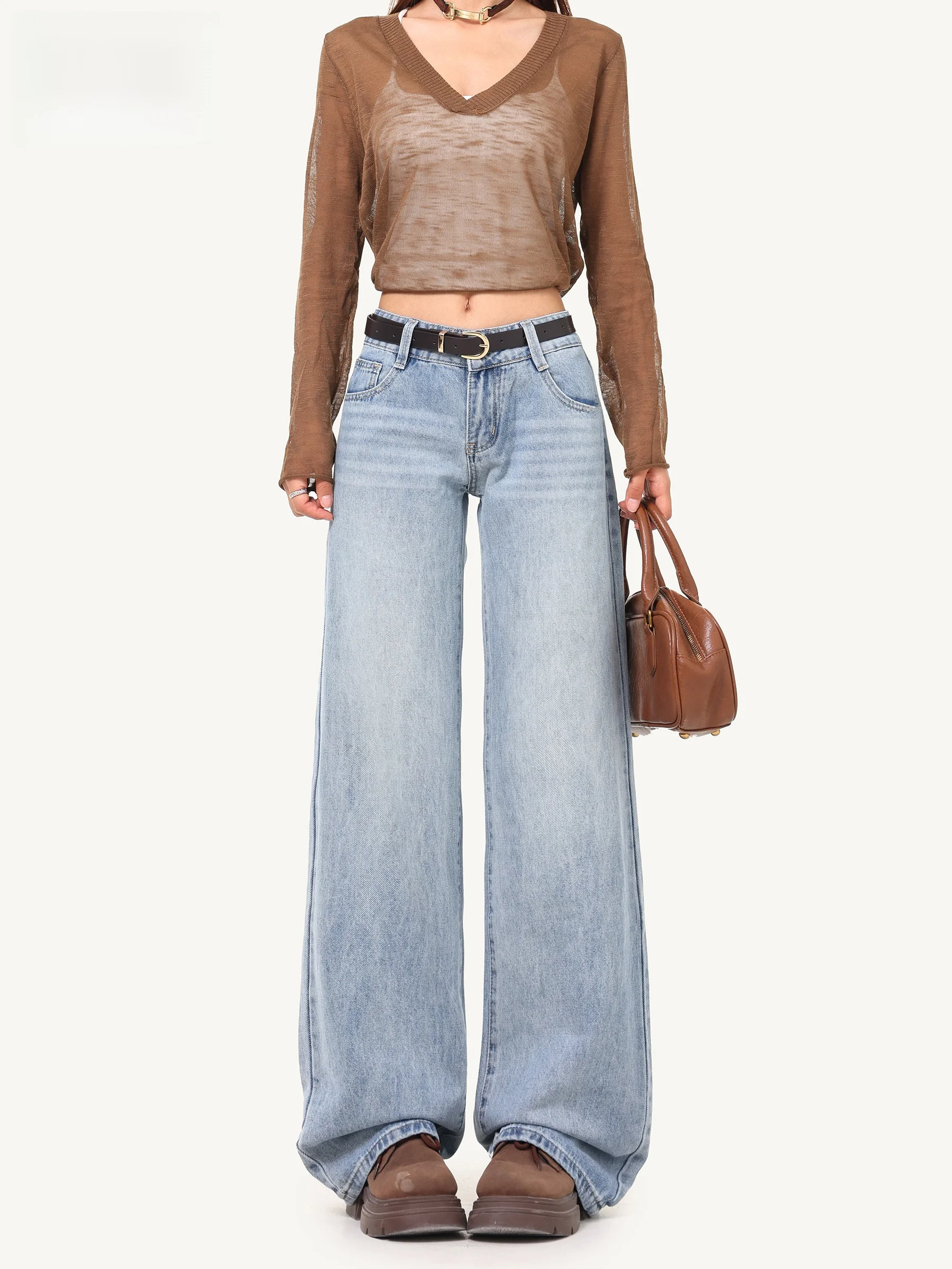 

Джинсы женские синие с высокой талией, широкими штанинами и эффектом потертости, повседневные, осенние, новые, свободного кроя, прямые брюки