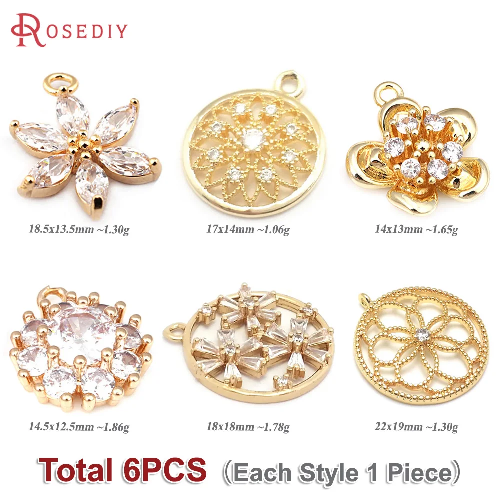 Total 6PCS (Each Style 1 Piece) Brass Zircon Mixed Flower Charms Pendants Necklace Earrings Diy Jewelry Rosediy official-website