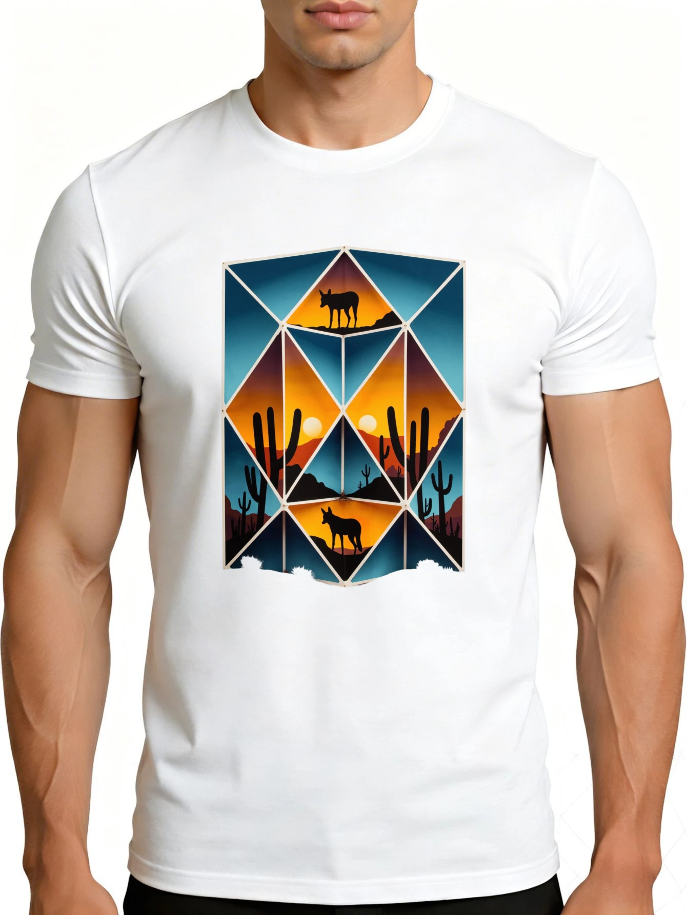 Geometric Desert Scene Men's T-Shirt Wolf and Cactus Design Summer Casual Wear Suitable for Nature Lovers and Adventure Enthusiasts