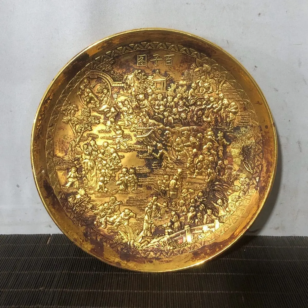 Gilt Hundred sons plate Ornament Decoration Tea Pet Figurines Desk Decor Accessories