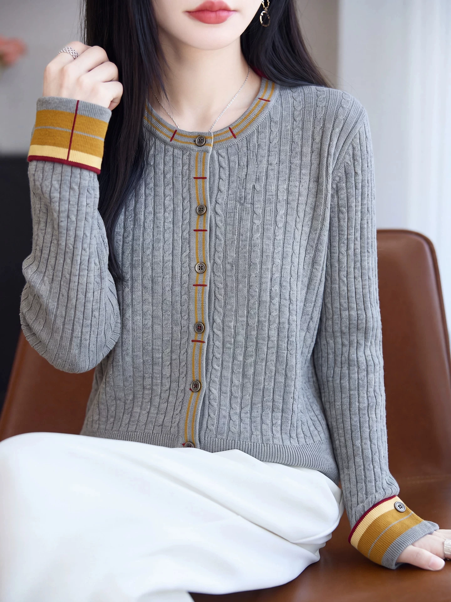 College Style Color Block Striped Woolen Knitted Cardigan Women's round Neck Button Sweater Fake Two-Piece Design Warm Top