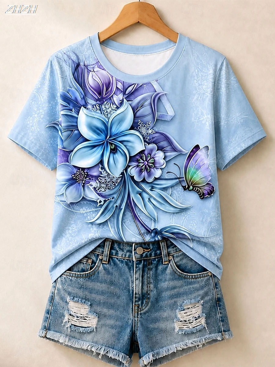 2026 Women's Summer Tops Floral Graphic Plants Fashion Stylish Modern Short Sleeve Crew Neck Round Regular