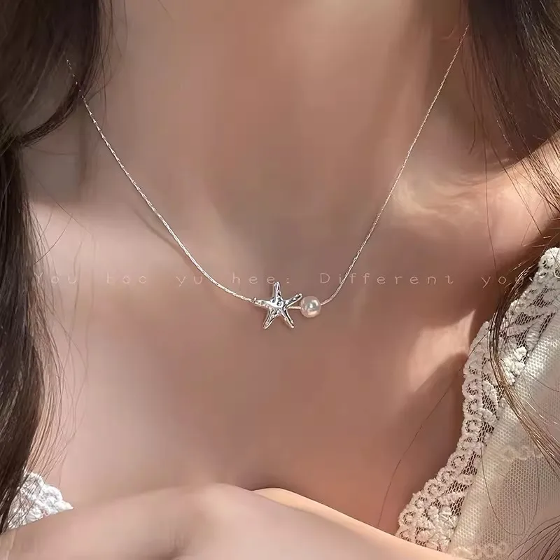 Simple Star Clavicle Chain Vintage Silver Color Starfish Pearl Pendant Necklace for Women Exquisite Nana Coquette Accessories