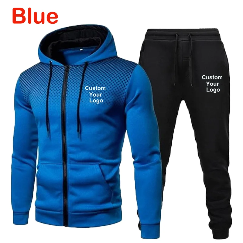 Men\'s Fashion Custom Your Logo Jacket Coat + Sweatpant Two Piece Sets Men Casual Sports Tracksuit Hooded Zipper Jogging Suits