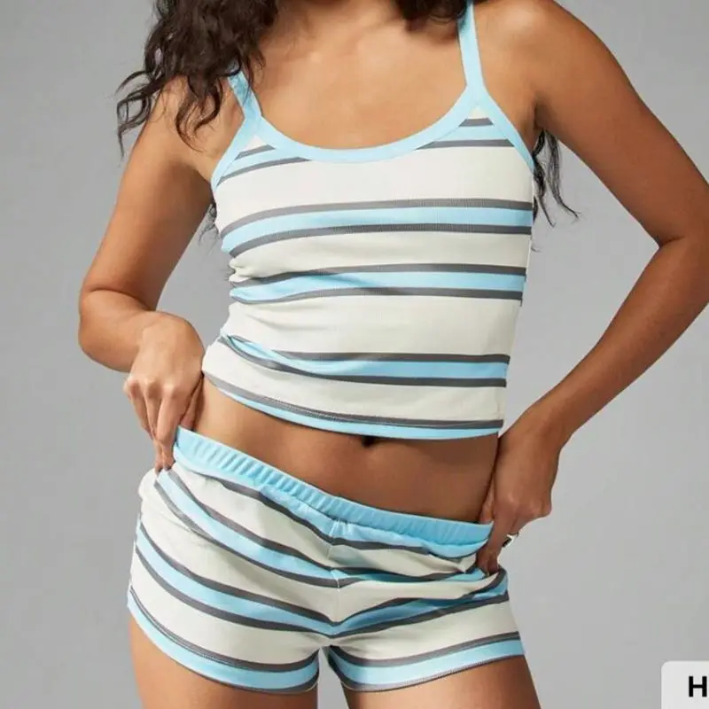 

HEZIOWYUN Women Summer 2Piece Y2K Striped Loungewear Outfits Set Sleeveless Slim Camisole Tops with Elastic Low Waist PJs Shorts