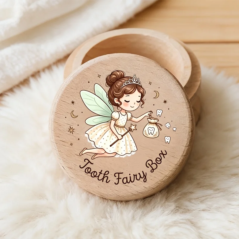 2D Wooden Tooth Fairy Box Preserving Umbilical Cords Birth Souvenirs Fetal Hair Teeth Hospital Straps Portable Storage 1PCS