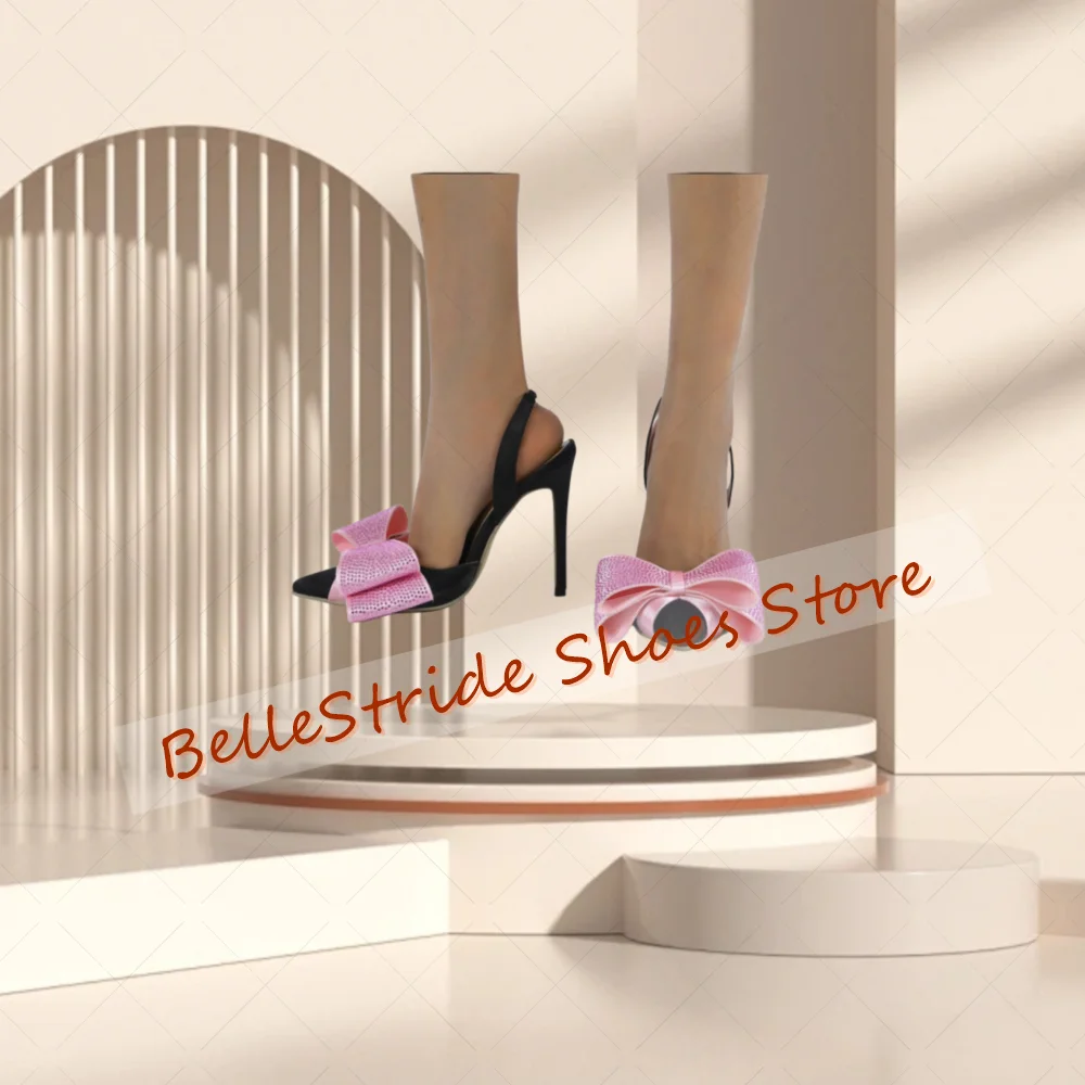 Sandalias negras con lazo de cristal rosa Para Mujer, Zapatos de tacón alto fino con punta estrecha, para fiesta, banquete, citas, 2025