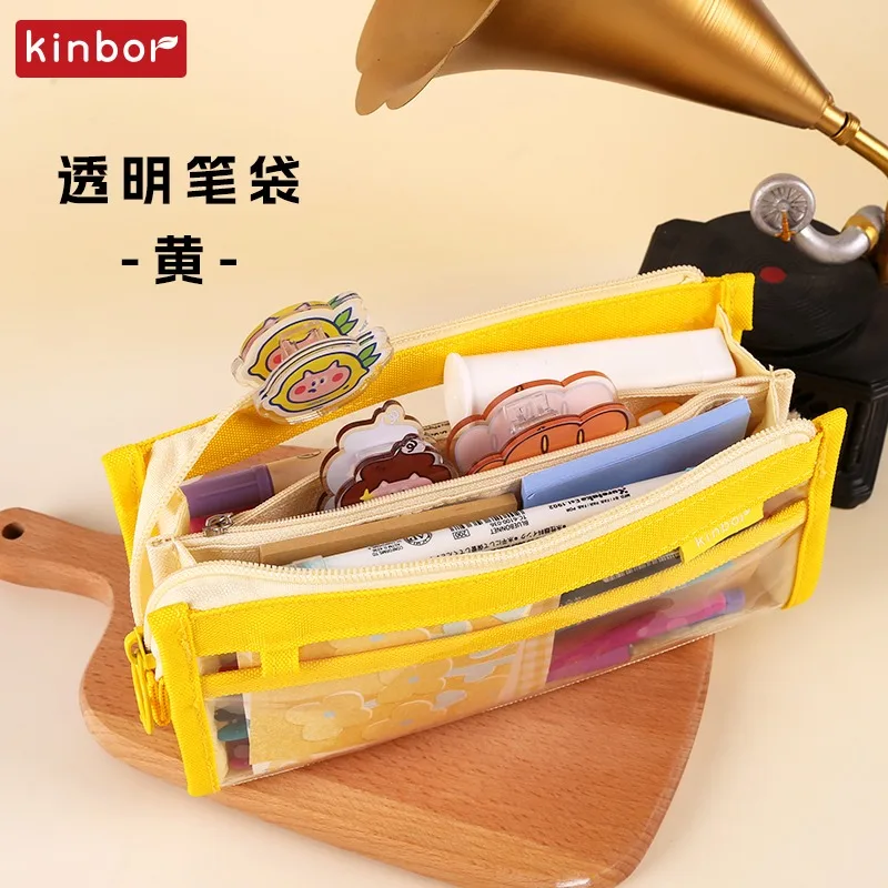 Kinbor Candy Color Pencil Case Three Layer Large Capacity Transparent Pencil Bag 2023 New School Student Stationery Storage Bag