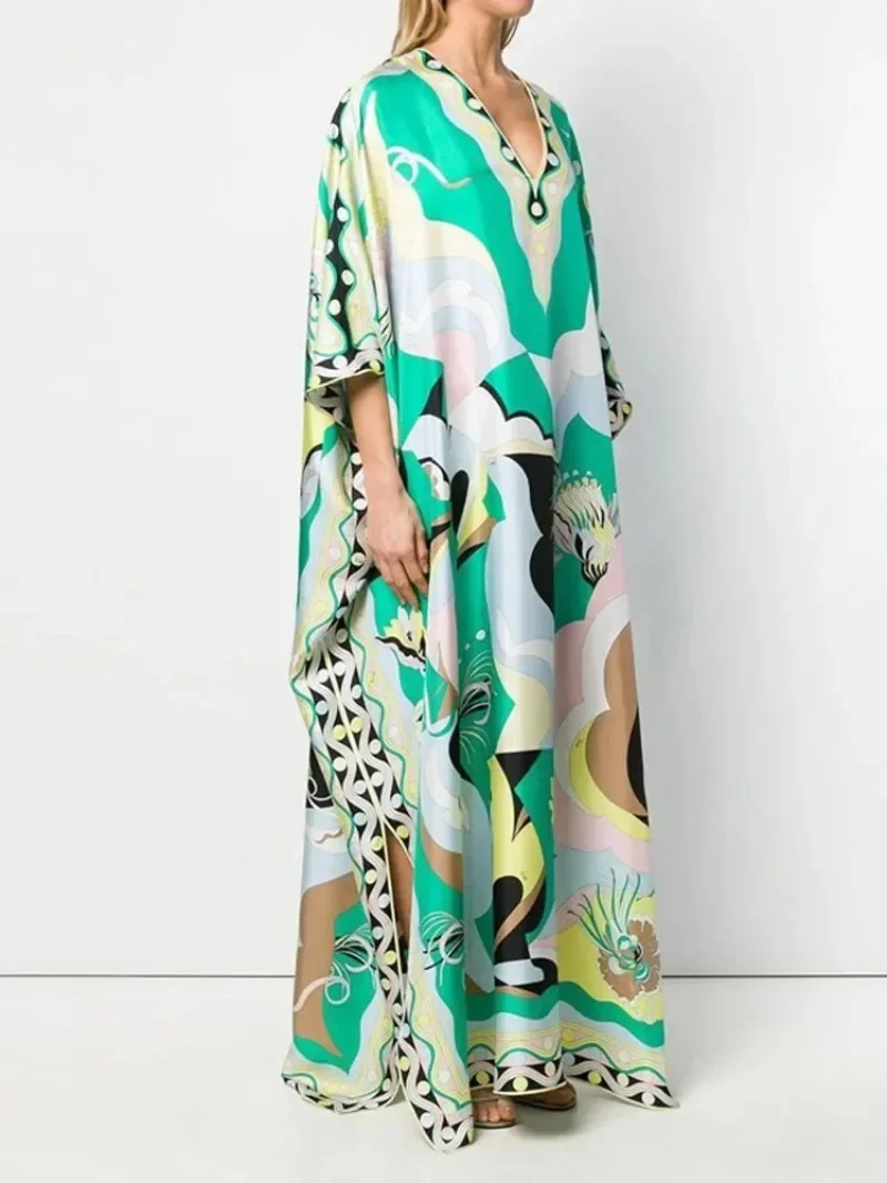 2023 Floral Print Elegant Maxi Dress Summer Women V-Neck Oversized Loose Long Boho Dresses Casual Female Split Dress Vestidos