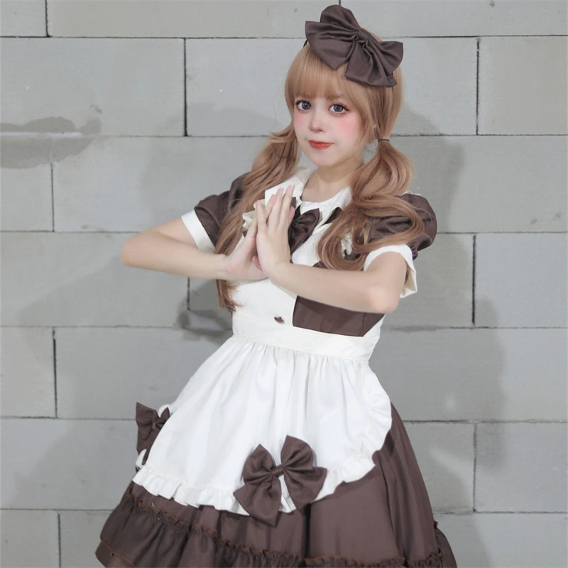 Vintage Koffie Gekleurde Lolita Outfit Japanse Anime Meid Cosplay Kostuum Strik Schort En Pop Hals Bubble Mouw Mini Jurk Pak