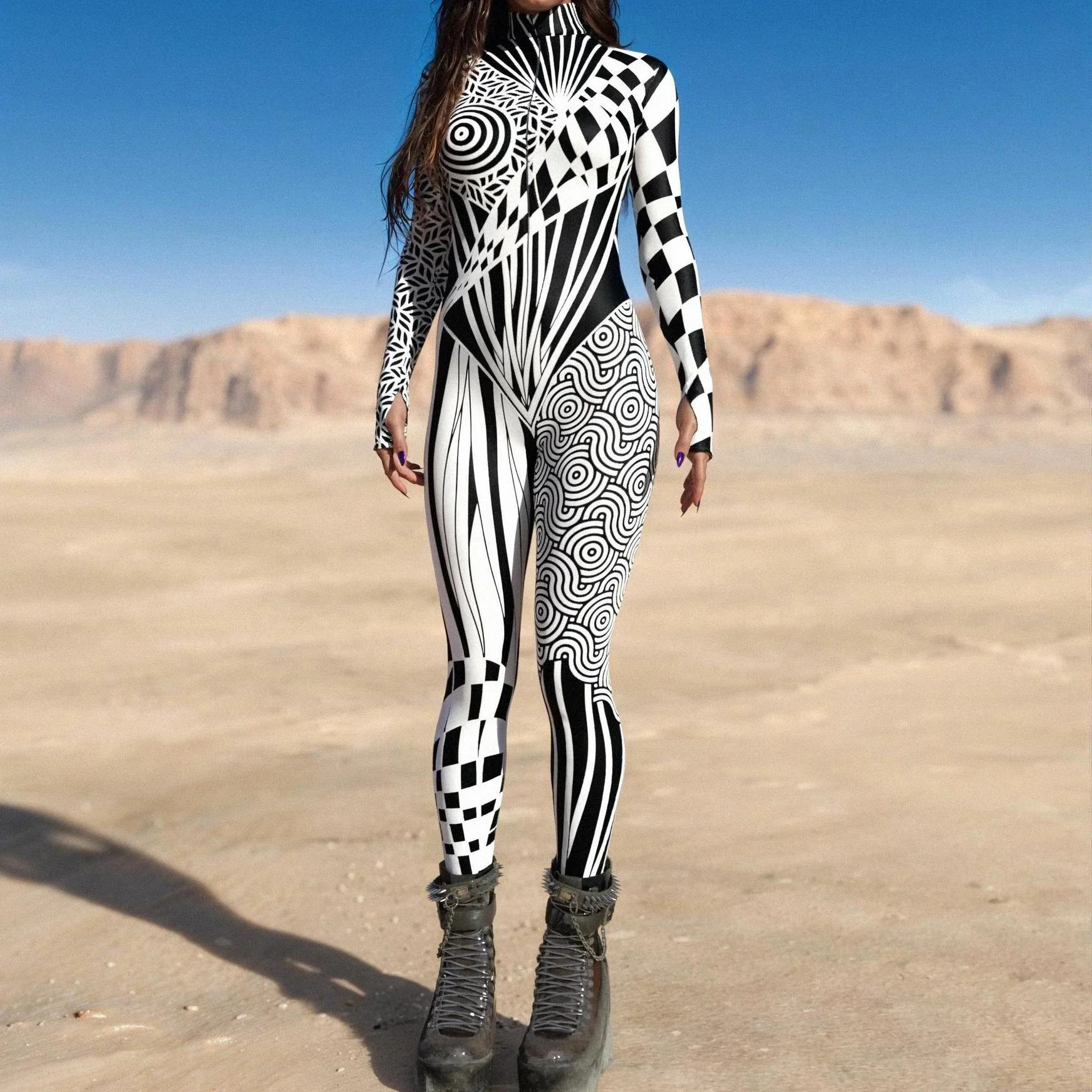 

Black White Irregular Cyber Art Stripe Jumpsuit Holiday Party Cosplay Costume Halloween Shows Women Bodysuit Performance Zentai