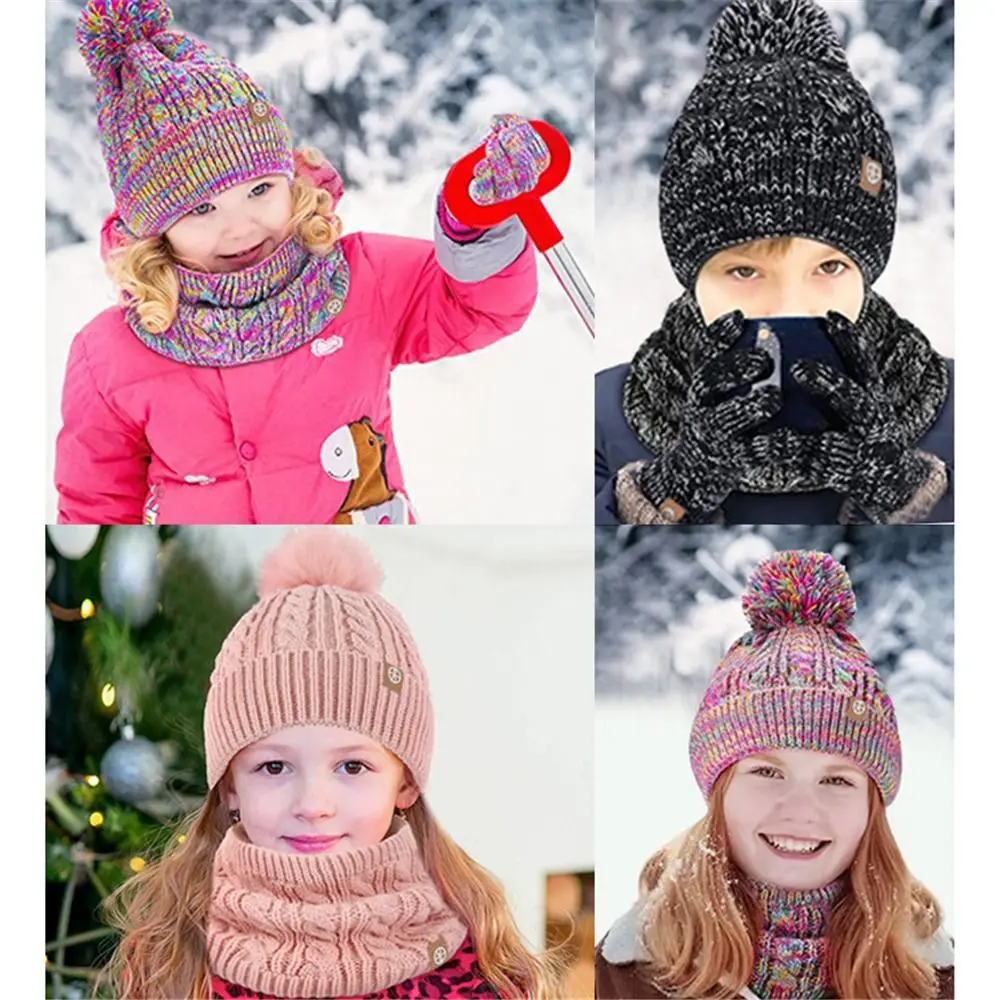 Casual Knit Kids Winter Hat Gloves Scarf Set Warm Neck Warmer Girls Beanie Hats with Pom for Cold Weather