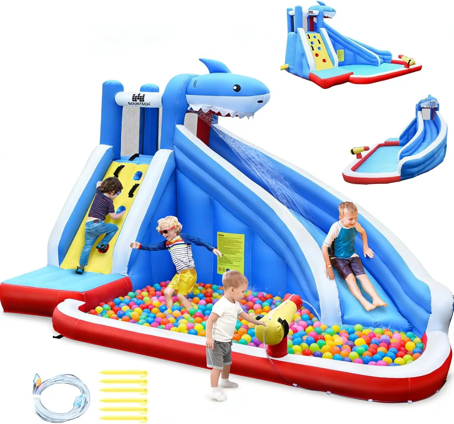BOUNTECH Inflatable Water Slide, Shark Water Slide Park Jump Castle Bounce House w/Long Slide, Climbing, Water Cannon, Splash Po