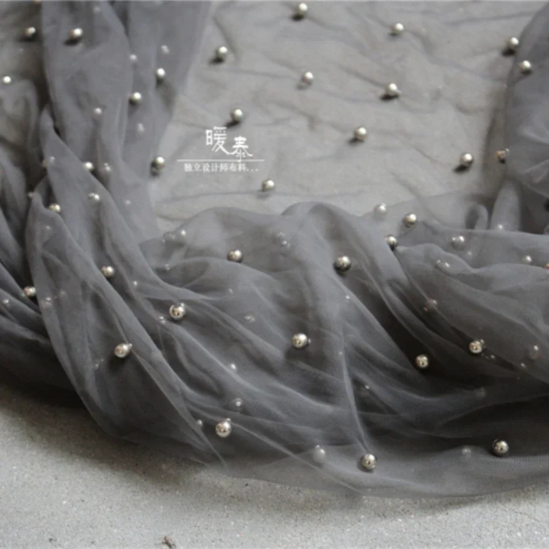 Mesh Fabric Dark Grey Pearl Decoration Curtain Skirt Dress Wholesale Cloth Diy Apparel Sewing Fabric By Meters Material