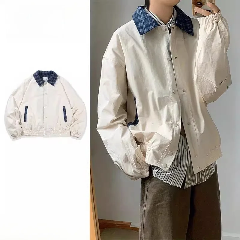 

Ретро-куртка в японском стиле с клетчатым воротником, свободная повседневная рабочая одежда, уличная куртка для мужчин и женщин, весна-осень, модная, из полиэстера