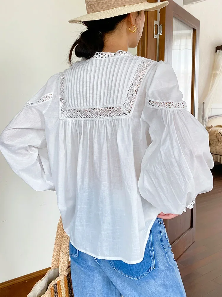 GypsyLady French Elegant Chic Blouse Shirt Cotton Lace Hollow Out Spring Autumn Women Long Puff Sleeve Casual Ladies Top Shirts