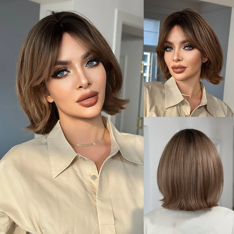 Wearing a wig the woman has short brown hair in a head covering style