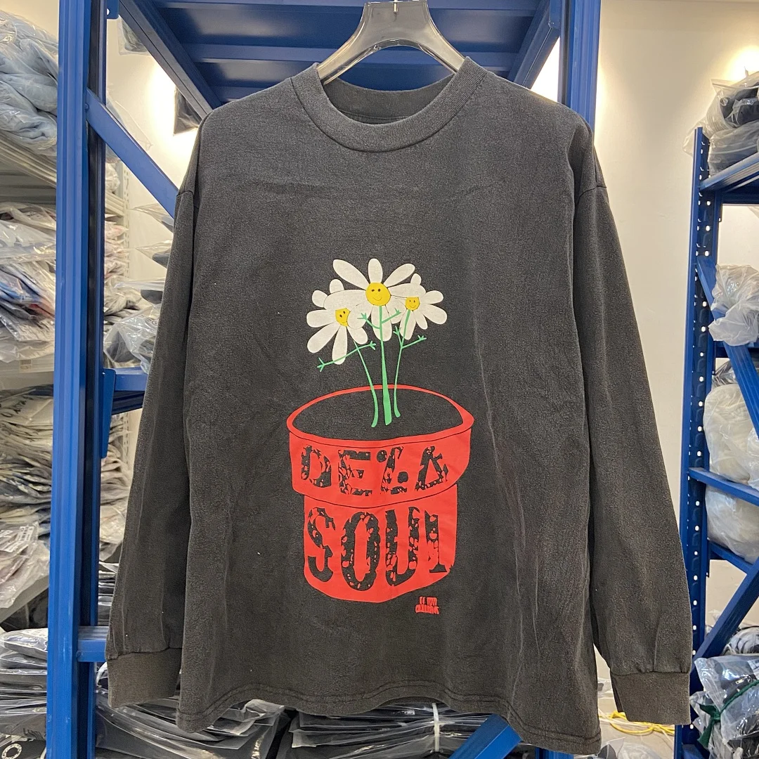 2026 SAINT Sunflower Print Women Men Washed Distressed American Vintage Loose Long-Sleeve T-Shirt Men Casual Cotton T shirt