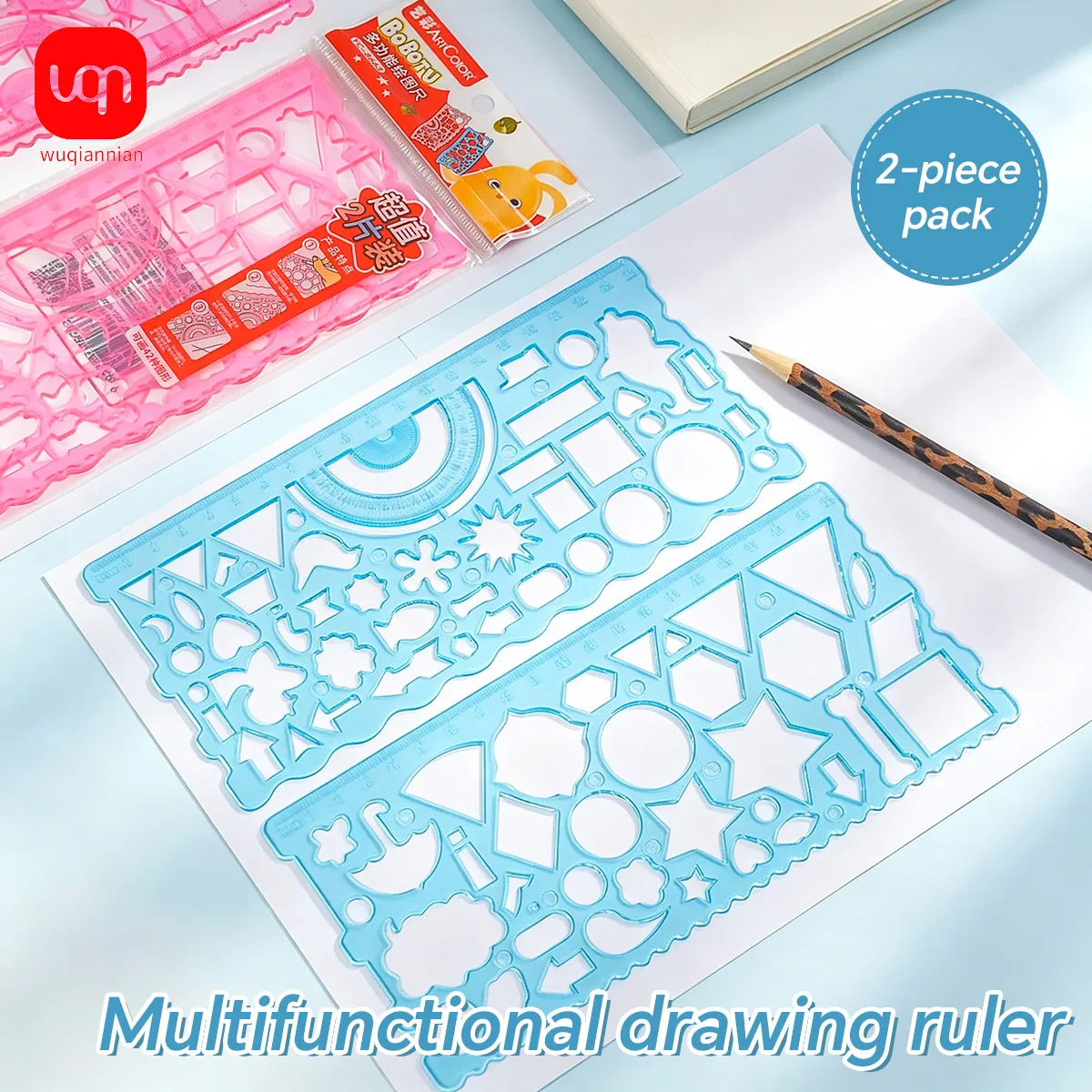 WQN Multipurpose Two-Color Geometric Drawing Ruler with Various Lace Cutout Templates, Perfect for Handwritten Posters, Card Mak
