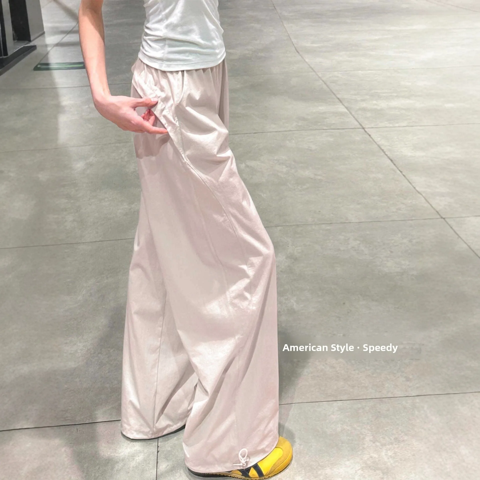 

Pink Ice Silk Work Pants Women's Summer Thin Loose Casual Sports Small Size Quick Dry Straight Leg Wide Leg Pants