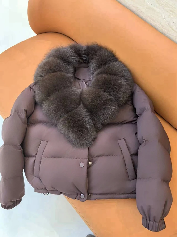 2024 Autumn Winter Big Natural Fox Fur Collar Coat Women Female Parkas Goose Down Jacket Feather Short Puffer Coat