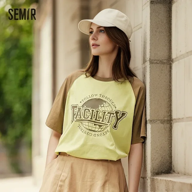 

Semir Short Sleeve T-Shirt Women Medium-Length Loose Shoulder Sleeve 2024 Summer New Letters Pullover Retro Trend T shirt