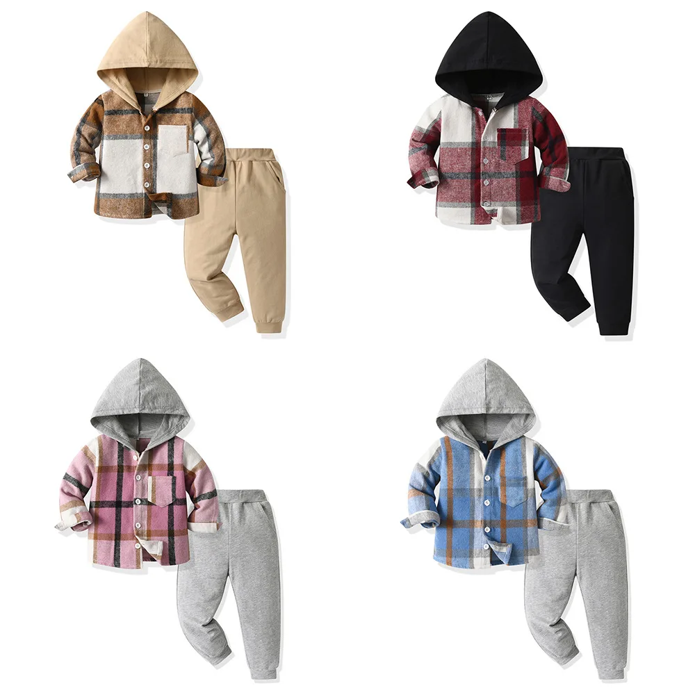 boys and girls neutral Korean version of everything with plaid shirt Haren pants small children hooded casual  children's suit