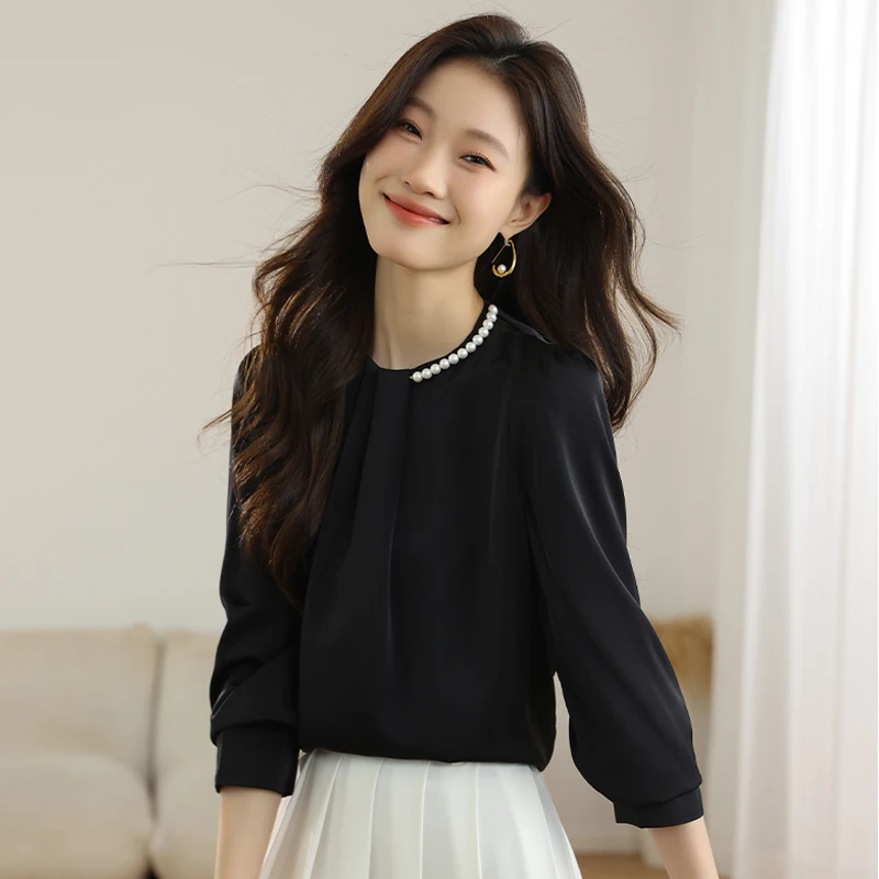 Camicie e camicette da donna retrò stile francese alla moda Abbigliamento da lavoro da donna da ufficio Top in chiffon tinta unita Abbigliamento vintage da donna