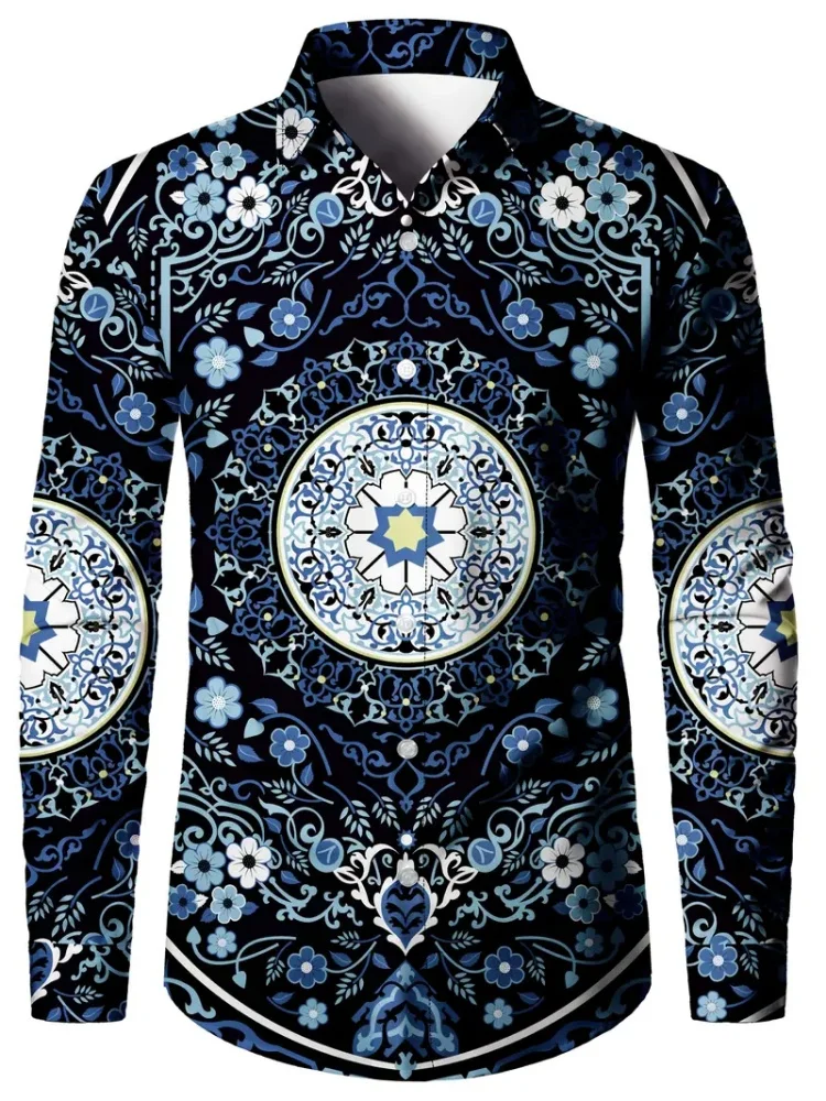 2025 새로운 남성 빈티지 패션 긴 소매 버튼 다운 셔츠 캐주얼 옷깃 3d 민족 인쇄 봄/가을 streetwear 야외상의