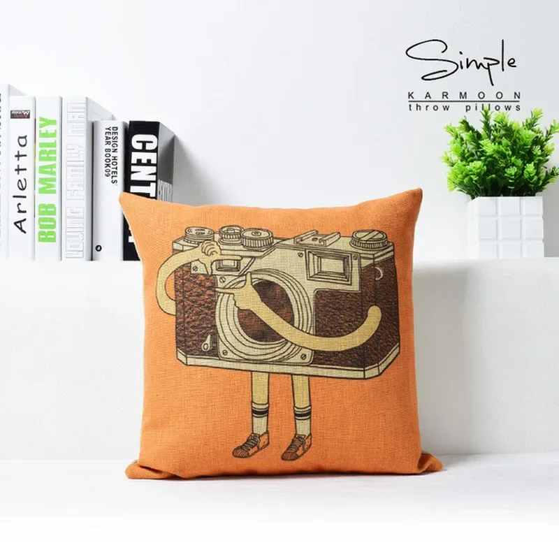 Creative Camera Pattern Square Linen Pillowcase, Size 45x45cm, Home Bedroom Office Decoration, Hotel Car Decorative Pillowcase .