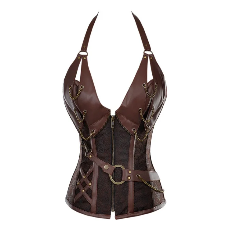 Punk European and American Court Wear Black Brown Steel Rib Punk Leather Corset Halter Shapewear Vintage Personality Vest