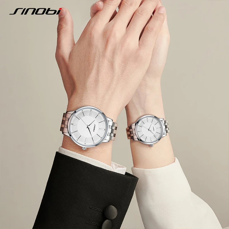 SINOBI Luxury Brand Couple Watches Waterproof Luminous Stainless Steel Quartz Watch His and Hers Moon Phase Fashion Lovers Set