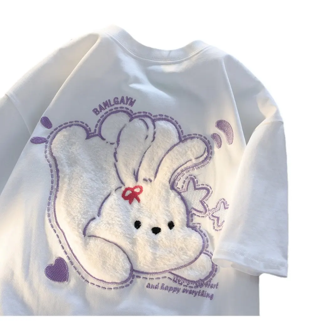 

Women's Heavy Industry Flocking Embroidered Cotton T-shirt Short-sleeved Retro Trendy Summer Chubby Sister Niche Top