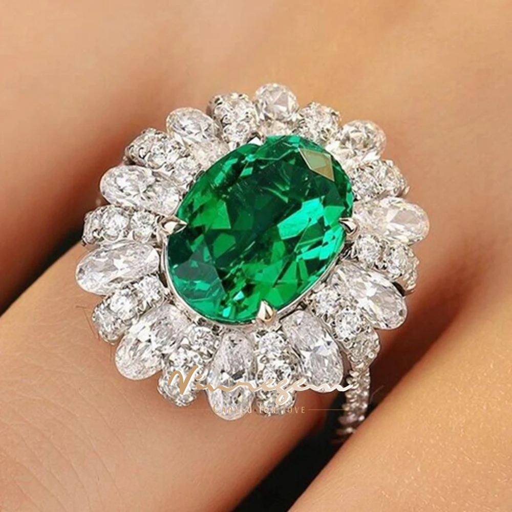 Vinregem 9*12MM Oval Cut Emerald High Carbon Diamond Gems Vintage 925 Sterling Silver Cocktail Party Ring for Women Fine Jewelry