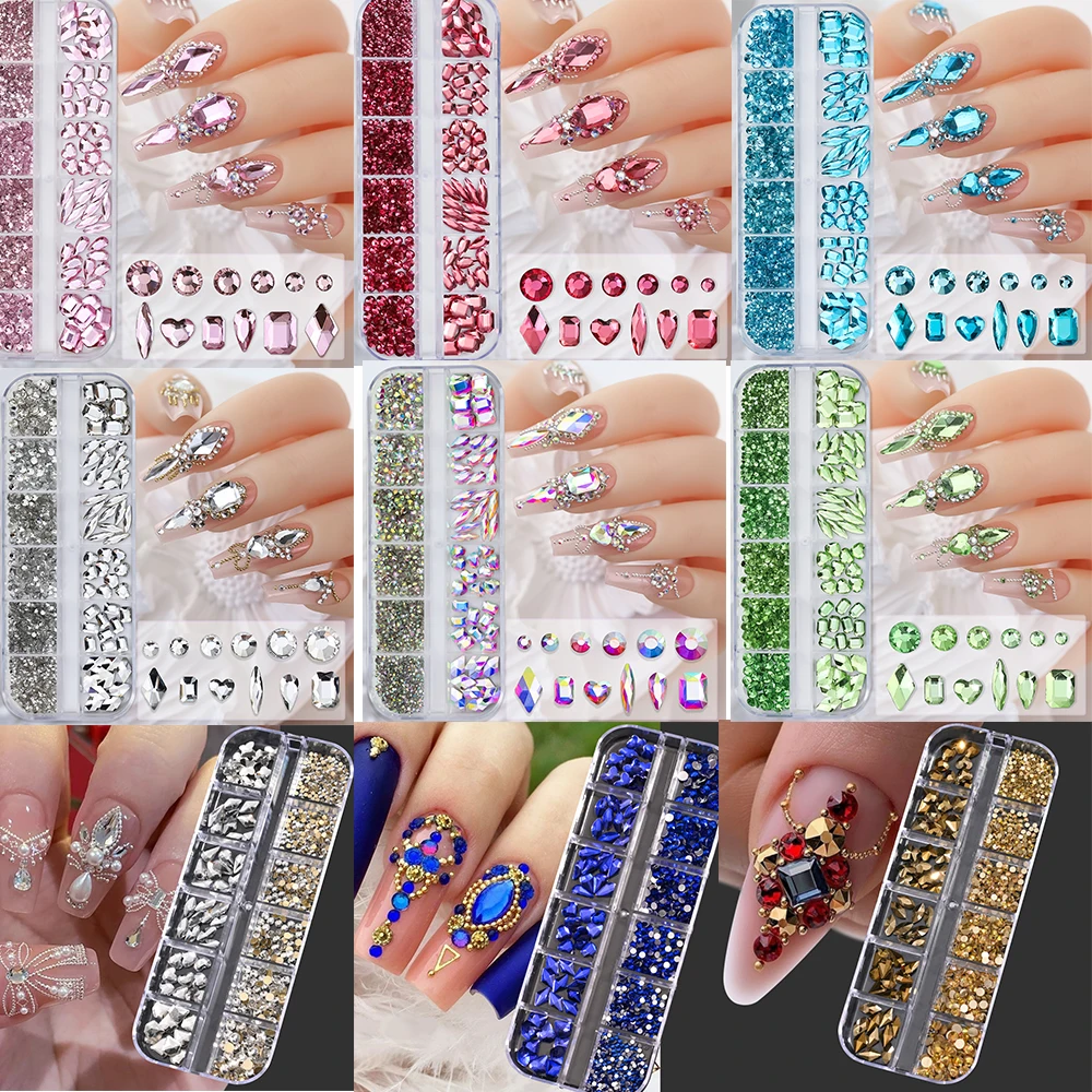 1020Pcs Mixed-Size Aurora Luxury Nail Rhinestones 12Grids/box Ice-Transparent Clear/AB/Pink/Blue Crystal 3D Flat-back Diamond