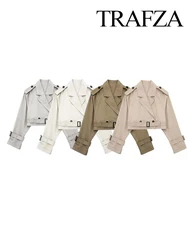 TRAFZA Spring Sutumn Women Fashion Cropped Trench With Belt For Female Long Sleeve Lapel Collar Jacket Single Button Streetwear